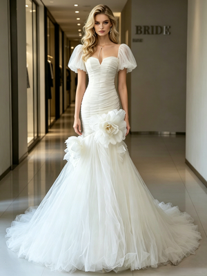 White Mermaid Tulle Puff Sleeve Flower Wedding Dress