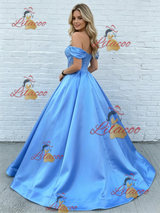 Blue Satin Off the Shoulder Prom Dress
