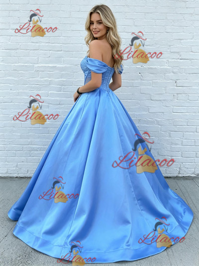 Blue Satin Off the Shoulder Prom Dress