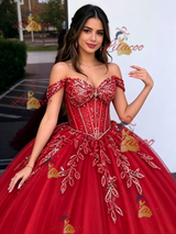 Red Tulle Off the Shoulder Appliques Quinceanera Dress