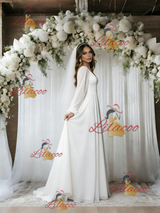 White Long Sleeve V-neck Wedding Dress