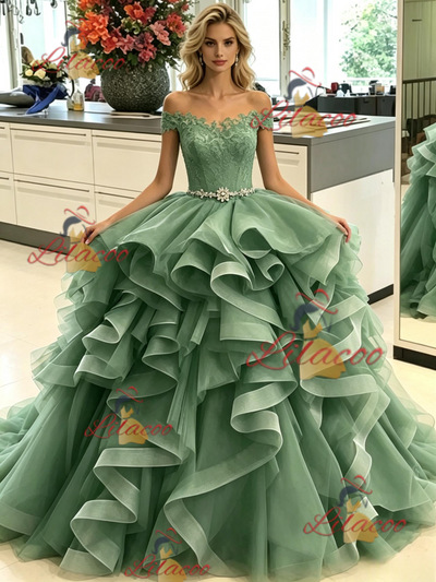 Green Tulle Off the Lace Prom Dress