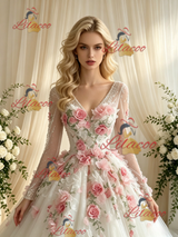 White Tulle V-neck Long Sleeve Appliques Wedding Dress