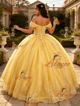 Yellow Tulle Off the Shoulder Appliques Quinceanera Dress
