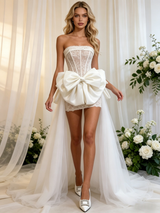 White TUlle Lace Strapless Bow Wedding Dress