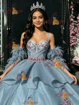 Blue Tulle Appliques Straps Quinceanera Dress