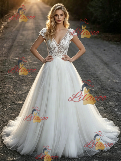 White Tulle Lace V-neck Wedding Dress