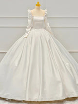Ivory White Satin Long Sleeve Pearls Wedding Dress
