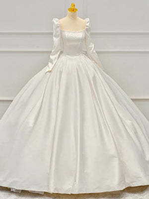 Ivory White Satin Long Sleeve Pearls Wedding Dress