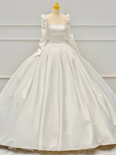 Ivory White Satin Long Sleeve Pearls Wedding Dress
