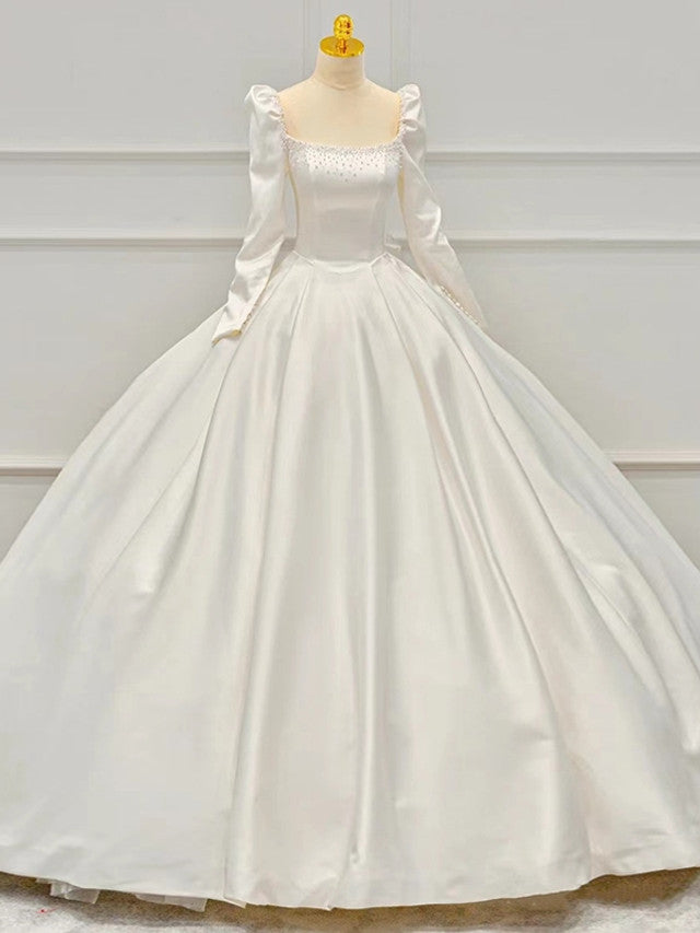 Ivory White Satin Long Sleeve Pearls Wedding Dress