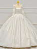Ivory White Satin Long Sleeve Pearls Wedding Dress