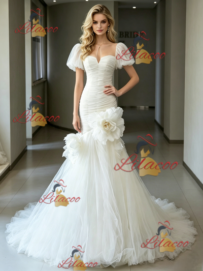 White Mermaid Tulle Puff Sleeve Flower Wedding Dress
