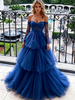 Blue Tulle Long Sleeve Lace Prom Dress