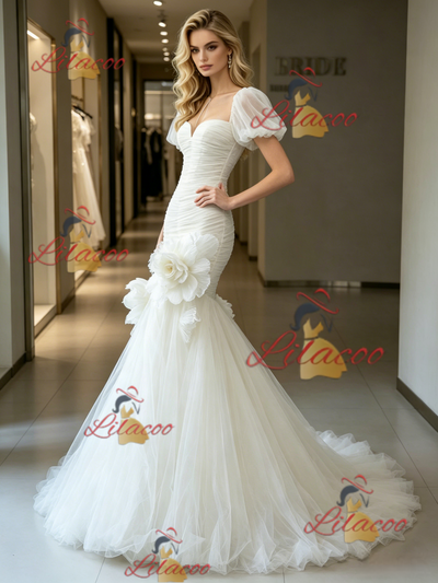 White Mermaid Tulle Puff Sleeve Flower Wedding Dress