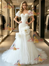 White Mermaid Tulle Puff Sleeve Flower Wedding Dress