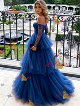 Blue Tulle Long Sleeve Lace Prom Dress