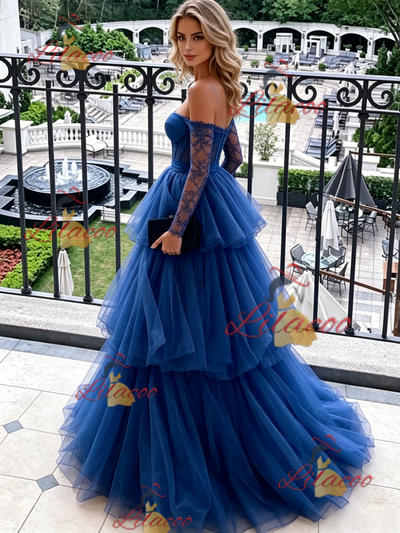 Blue Tulle Long Sleeve Lace Prom Dress