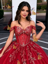 Red Tulle Off the Shoulder Appliques Quinceanera Dress