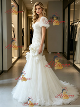 White Mermaid Tulle Puff Sleeve Flower Wedding Dress