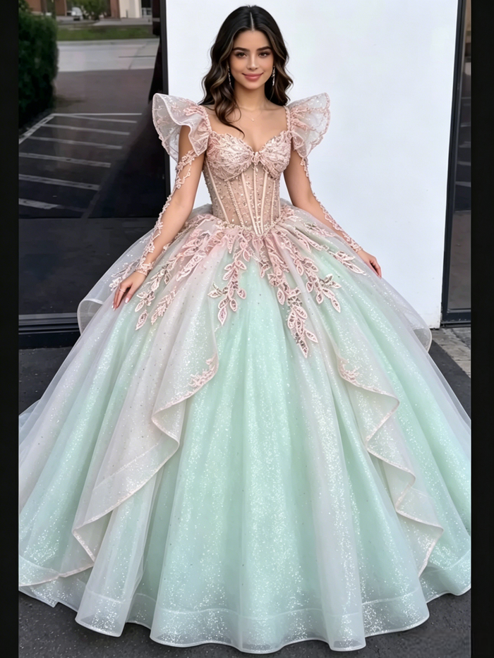 Green Tulle Long Sleeve Appliques Quinceanera Dress