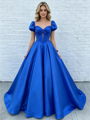 Navy Blue Satin Square Neck Puff Sleeve Prom Dress