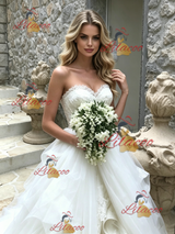 White Tulle Lace Strapless Wedding Dress
