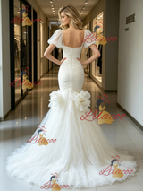 White Mermaid Tulle Puff Sleeve Flower Wedding Dress