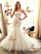 Beige White Mermaid Tulle Appliques Wedding Dress