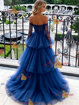 Blue Tulle Long Sleeve Lace Prom Dress