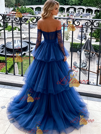 Blue Tulle Long Sleeve Lace Prom Dress