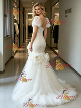 White Mermaid Tulle Puff Sleeve Flower Wedding Dress