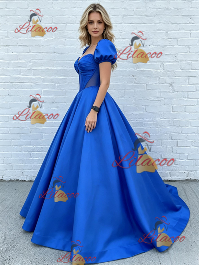 Navy Blue Satin Square Neck Puff Sleeve Prom Dress