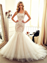 Beige White Mermaid Tulle Appliques Wedding Dress
