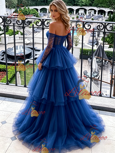 Blue Tulle Long Sleeve Lace Prom Dress