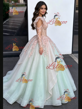Green Tulle Long Sleeve Appliques Quinceanera Dress