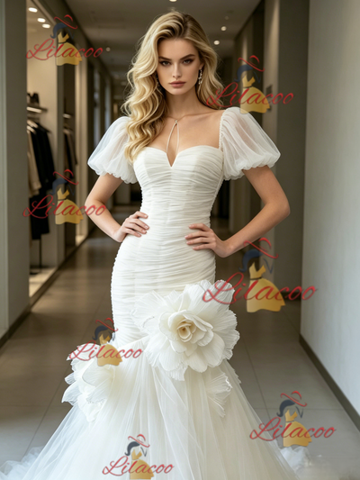 White Mermaid Tulle Puff Sleeve Flower Wedding Dress