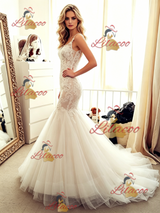 Beige White Mermaid Tulle Appliques Wedding Dress