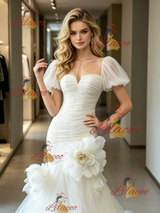White Mermaid Tulle Puff Sleeve Flower Wedding Dress