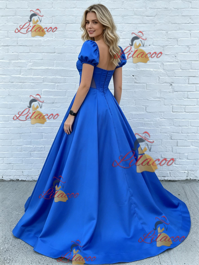 Navy Blue Satin Square Neck Puff Sleeve Prom Dress