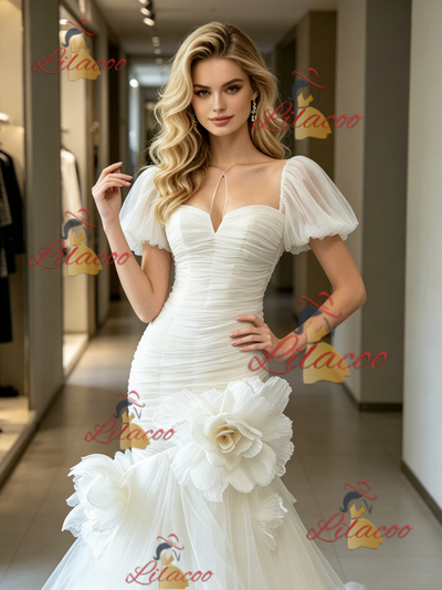 White Mermaid Tulle Puff Sleeve Flower Wedding Dress