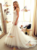 Beige White Mermaid Tulle Appliques Wedding Dress