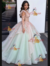 Green Tulle Long Sleeve Appliques Quinceanera Dress