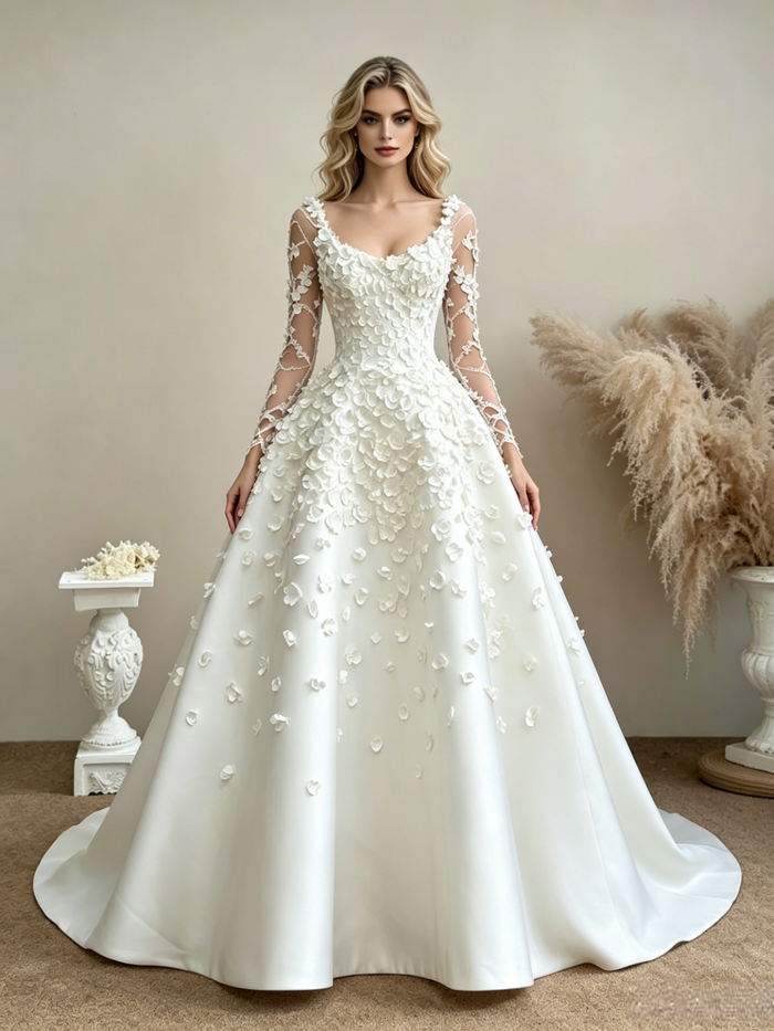 White Long Sleeve Flower Wedding Dress