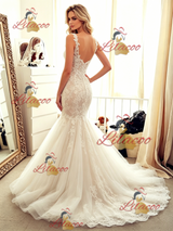 Beige White Mermaid Tulle Appliques Wedding Dress