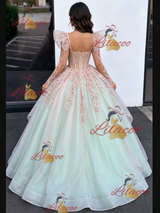 Green Tulle Long Sleeve Appliques Quinceanera Dress