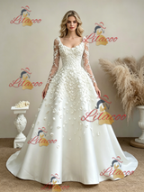 White Long Sleeve Flower Wedding Dress