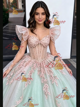 Green Tulle Long Sleeve Appliques Quinceanera Dress