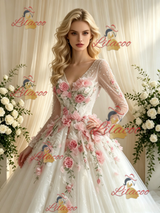 White Tulle V-neck Long Sleeve Appliques Wedding Dress
