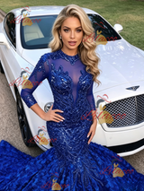Blue Mermaid Sequins Short Sleeve Prom Dress